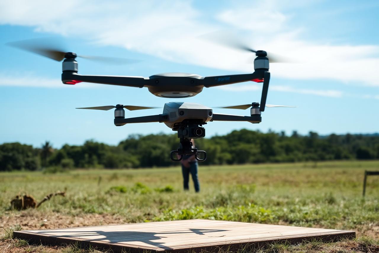 Drone de mapeamento em voo sobre propriedade rural durante aerolevantamento