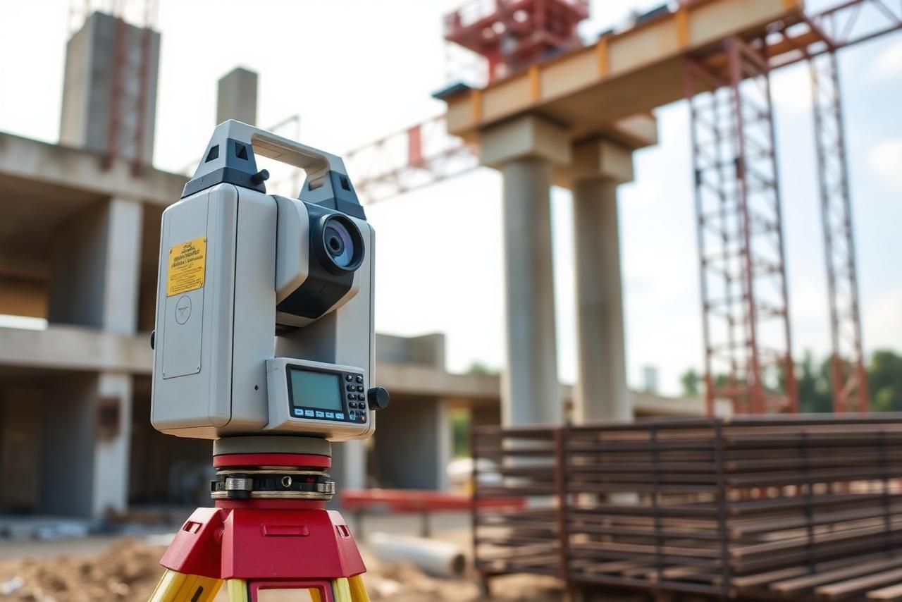 Estação total montada em tripé em canteiro de obras com estrutura de concreto ao fundo