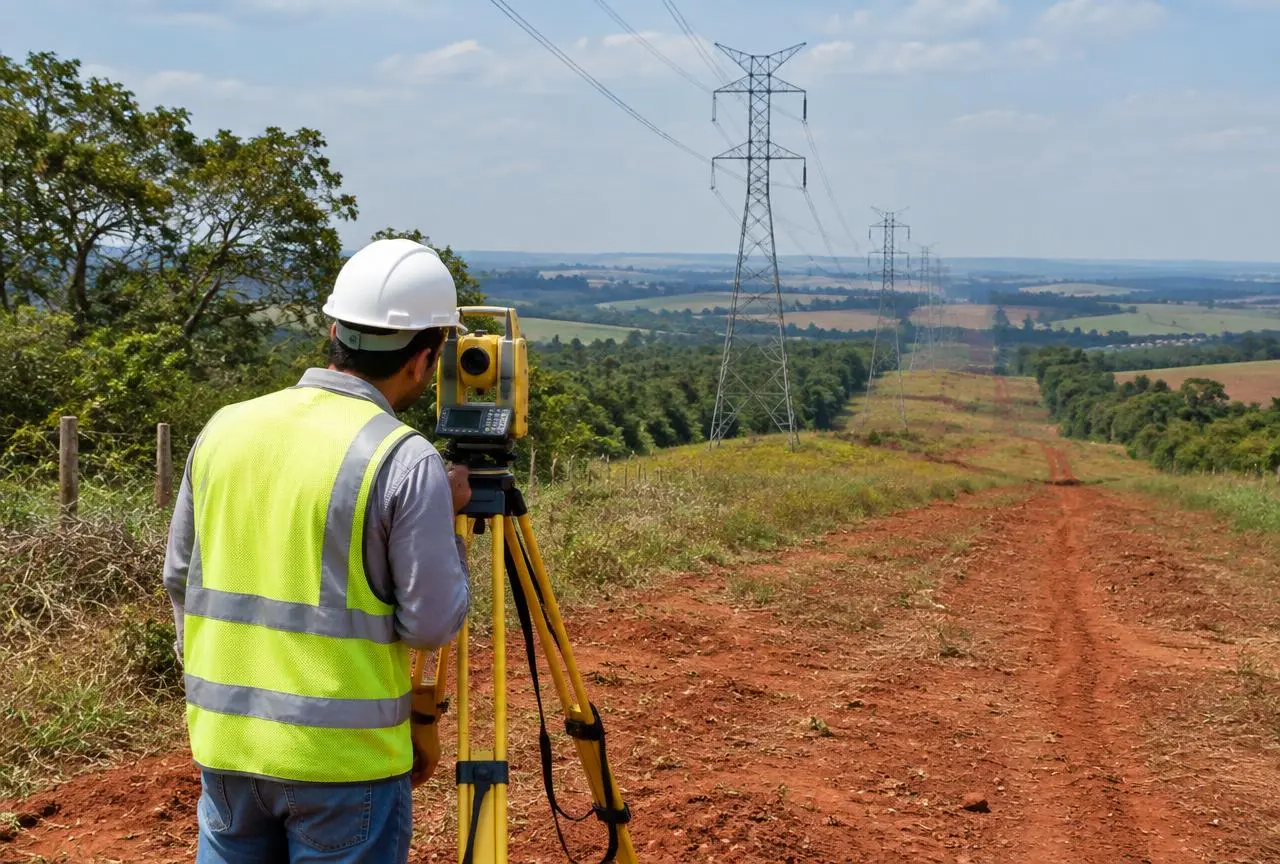 Estação total em faixa de servidão de linha de transmissão em área rural paulista