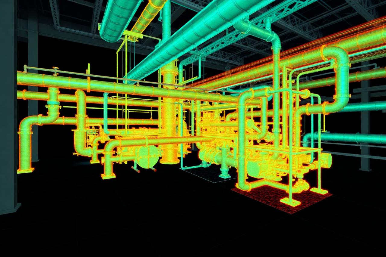 Nuvem de pontos colorida de planta industrial obtida por laser scanner 3D